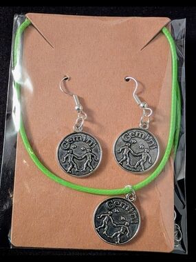 Gemini Silver Coin Pendant Necklace & Earring Set — Lime Green Cord